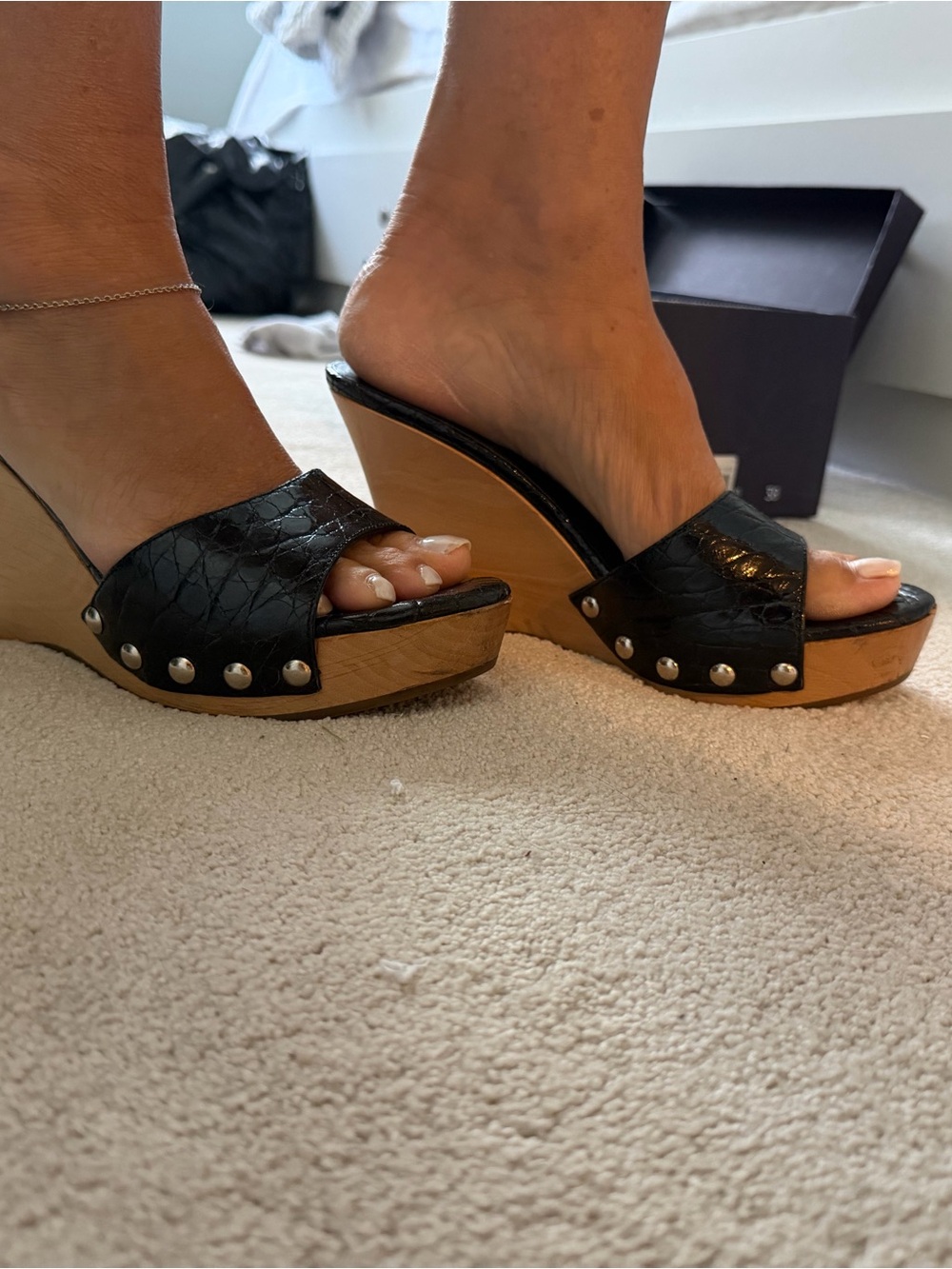 Prada Black Leather Wedge Sandals with Wooden Heel - Picture 4 of 5